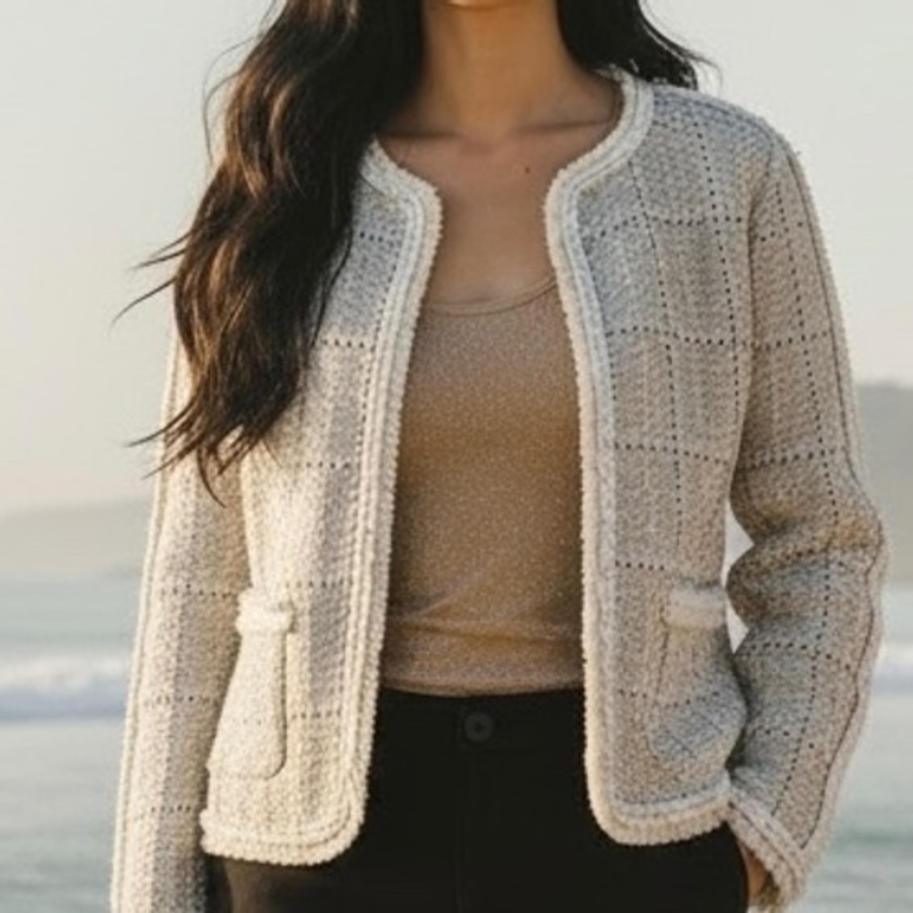 Chicos Cream Silver Metallic Sequin Open Front Knit Cardigan Jacket Sz 0/US Sm